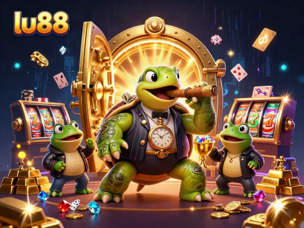 Experience thrilling gaming action with lu88's immersive casino scene featuring a lively turtle and bullfrogs.