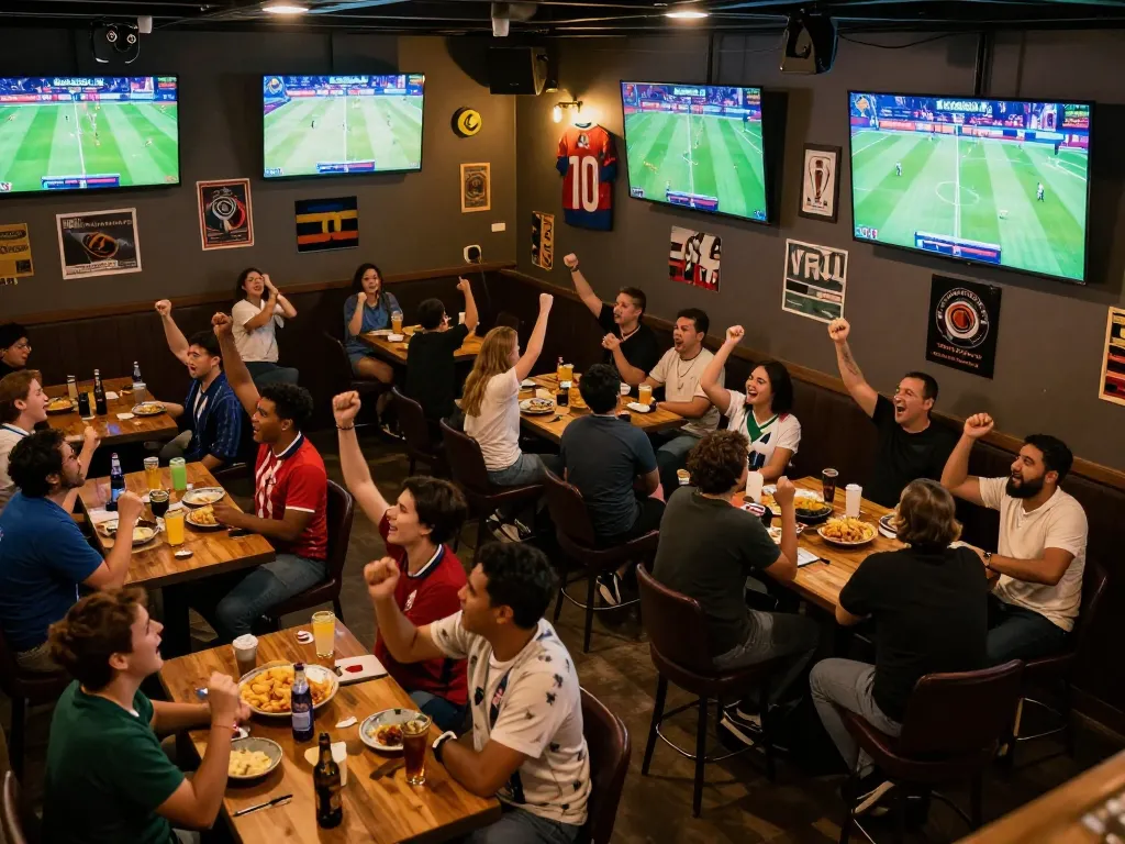 Experience the excitement of World Cup 2026 with fans celebrating live sports betting at a lively sports bar.