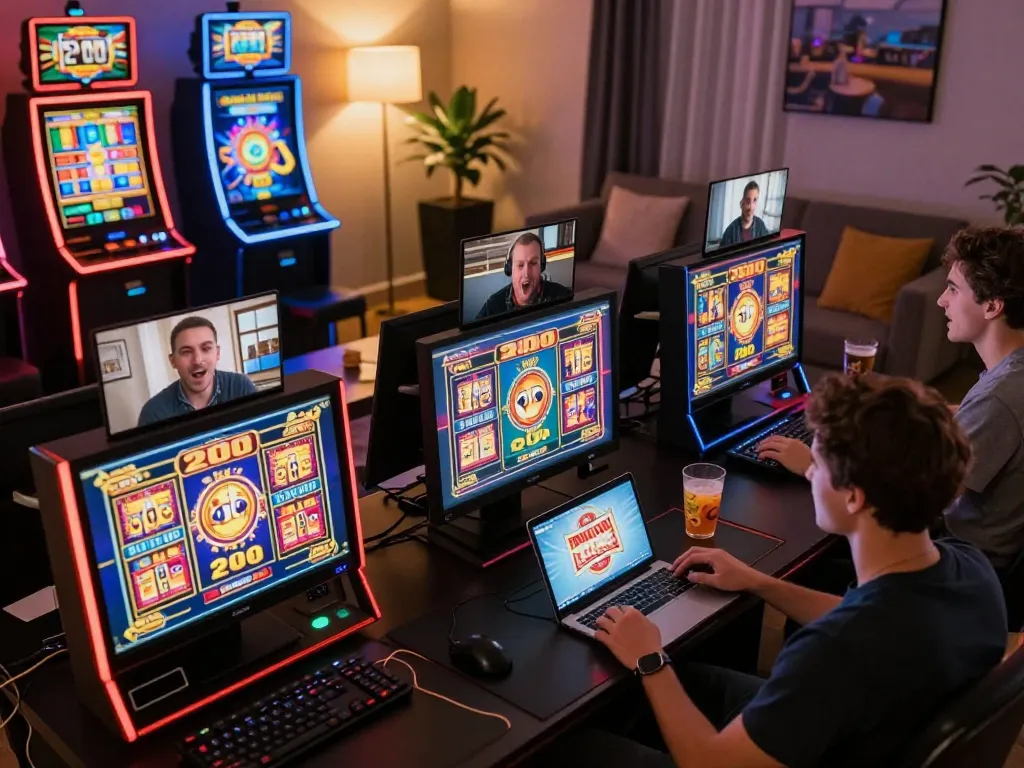 Engaged players enjoying slot bet 200 online games in a vibrant home casino atmosphere.