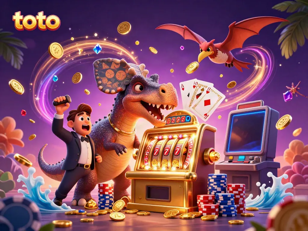 Experience the thrilling jackpot reward with toto as a pachycephalosaurus interacts with a golden slot machine.