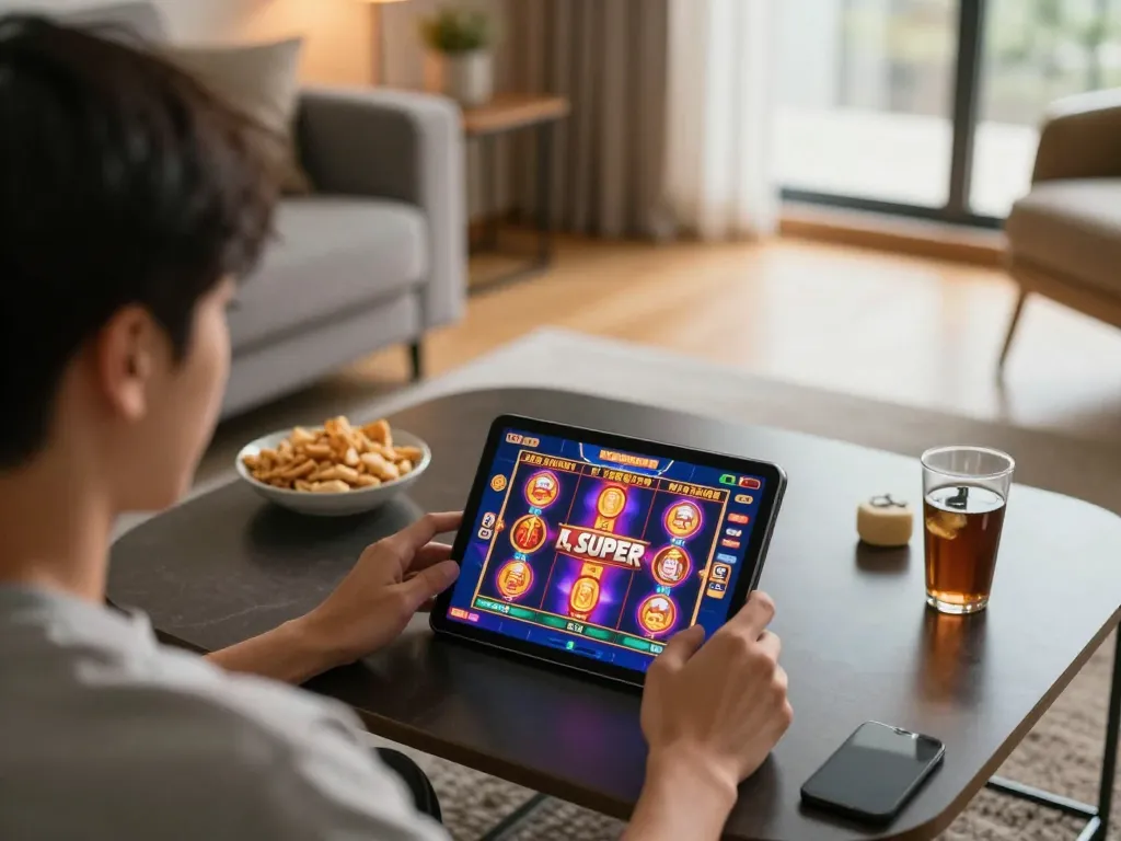 Engaging LGO SUPER gameplay on tablet in a cozy living room, highlighting vibrant slot graphics.
