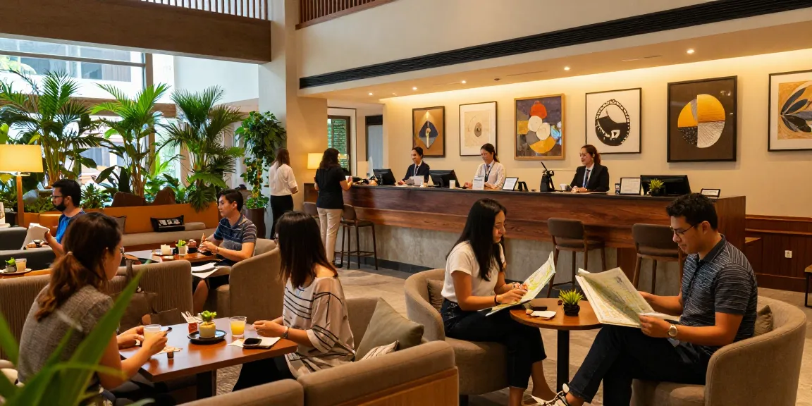 The Orient Hotel's welcoming lobby scene with guests checking in, showcasing modern design and inviting atmosphere for travelers visiting https://www.theorienthotel.com.