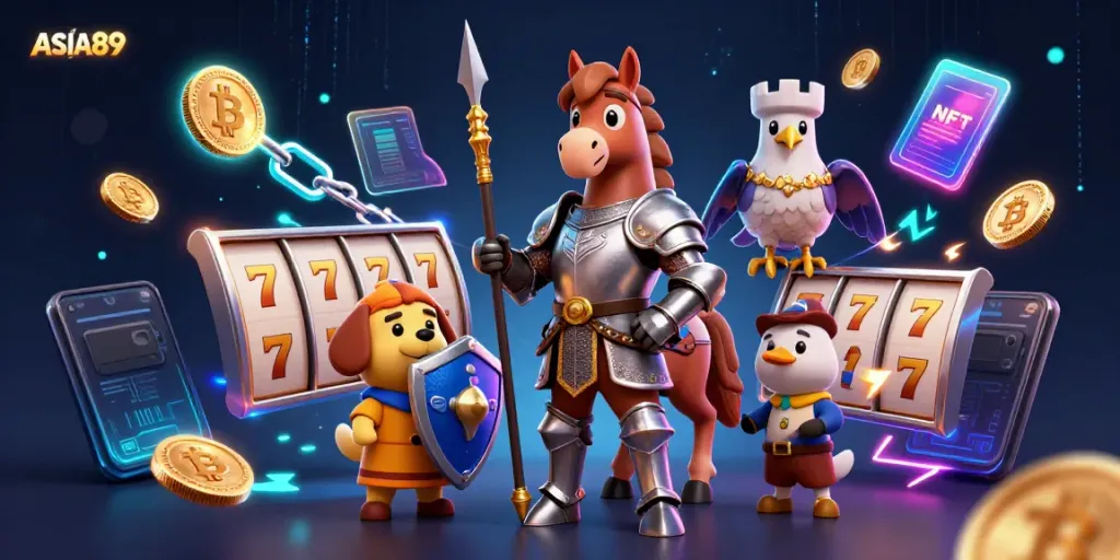 Engage in the excitement of ASIA89 slot games with vibrant characters and crypto elements.
