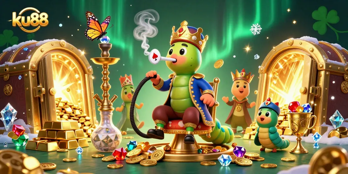 ku88 offers a vibrant gambling atmosphere with a dynamic illustration of poker and treasures.