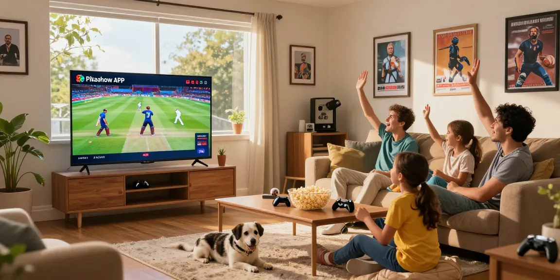 Family enjoying cricket match on smart TV using Pikashow APK in a cozy living room setting.