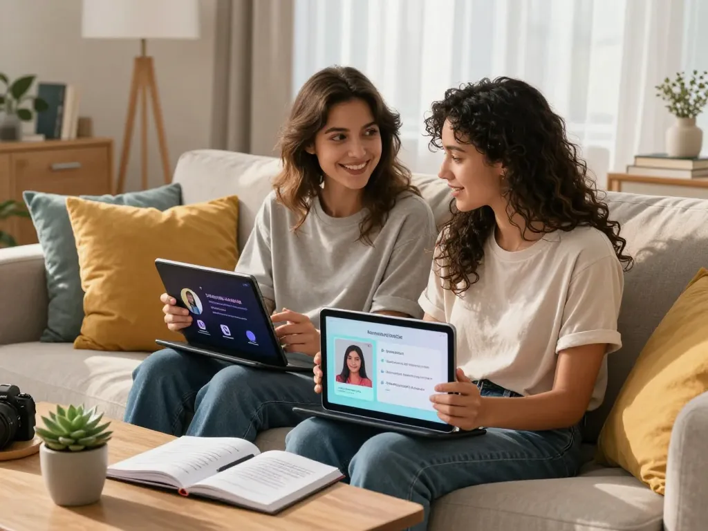 Couple exploring AI sex wellness apps in a cozy modern living room, showcasing digital intimacy.