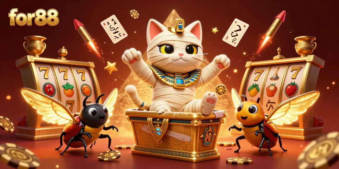 Engage with the ultimate gaming experience at for88 featuring a dynamic casino scene with a mummy cat and scarab beetle.