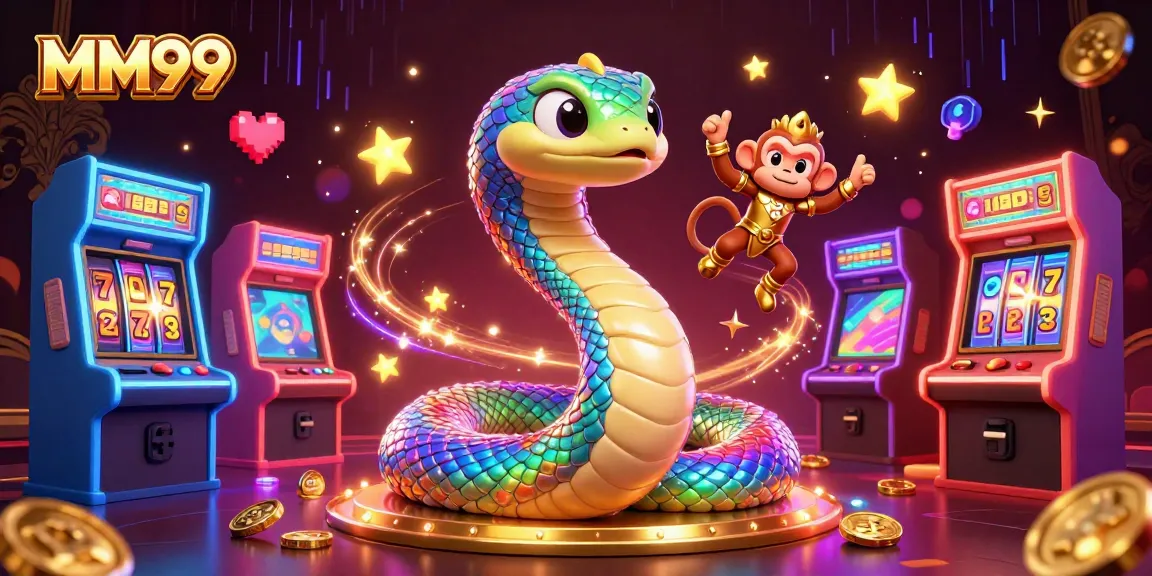Engage with the vibrant world of MM99 featuring colorful arcade elements and a majestic rainbow serpent.
