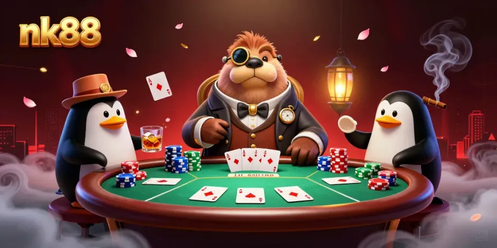 Engaging scene of nk88 casino theme with a jolly walrus at poker table in an underwater setting.