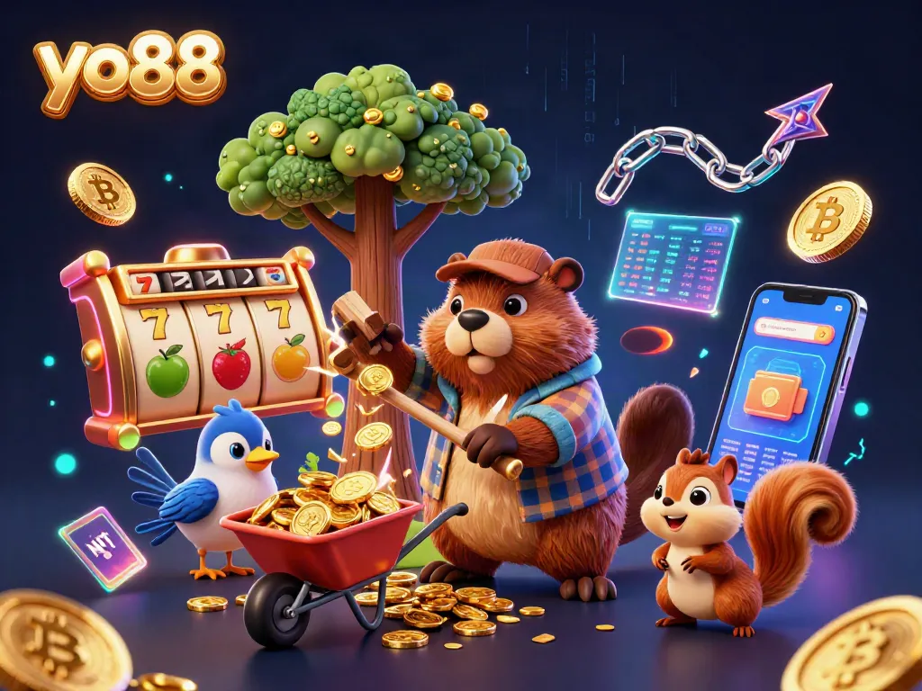 Spin and win with yo88 as cartoon characters collect gold coins amidst vibrant slot machines.