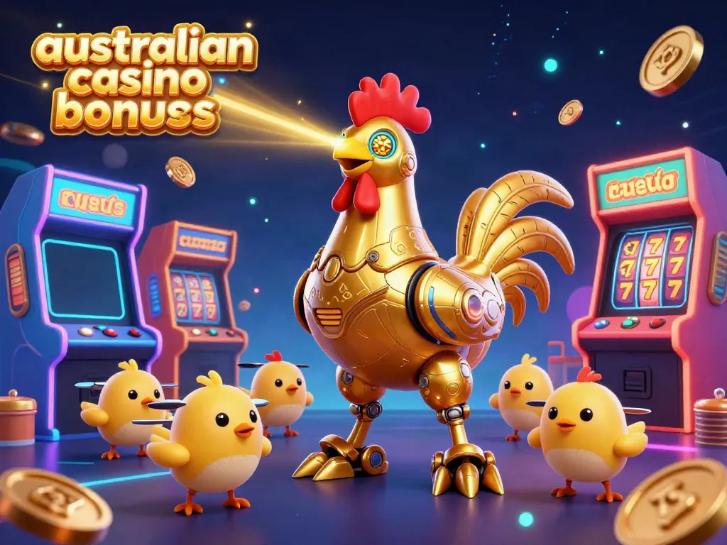Engage with australian casino bonuses through a festive 3D scene of a golden rooster robot and baby chick drones in a colorful casino atmosphere.