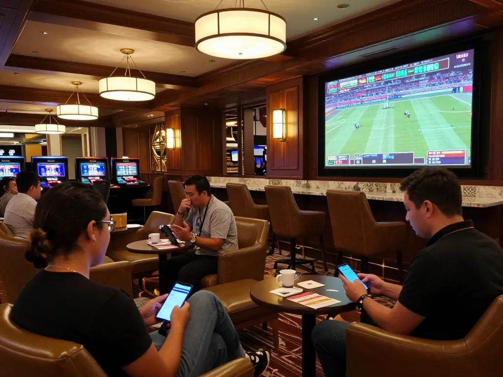 LC88 sports bettors engaging in live betting while enjoying a high-end casino lounge experience