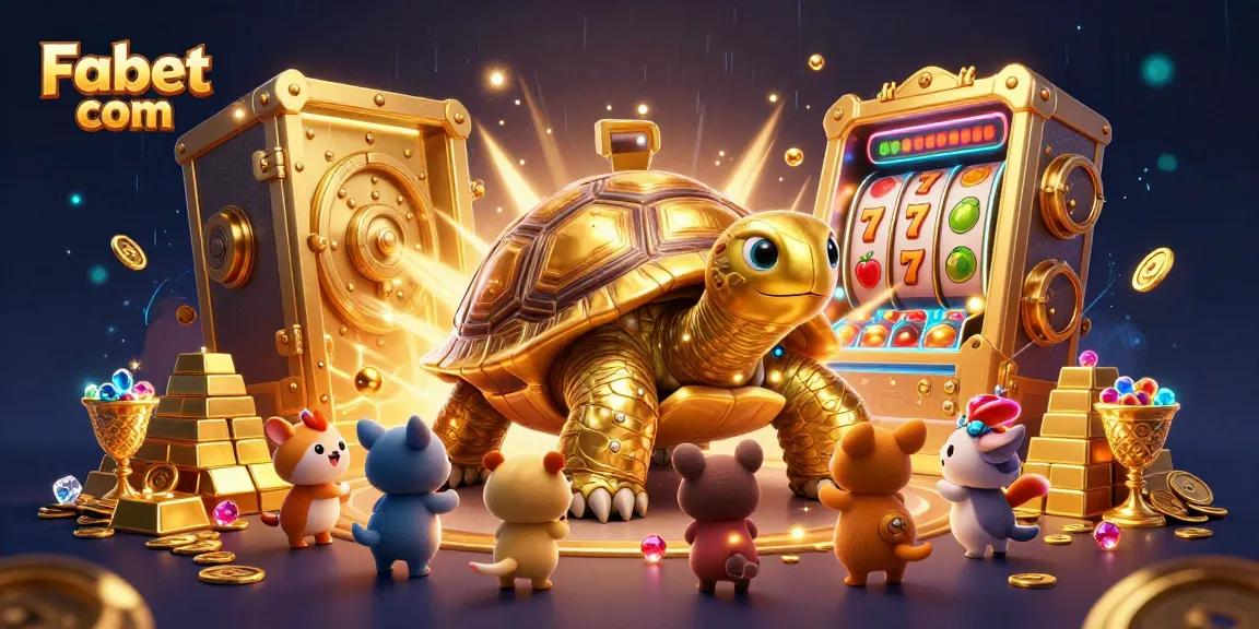 Engage with Fabet com’s vibrant pinball-themed illustration featuring a colossal tortoise in a bustling casino scene.