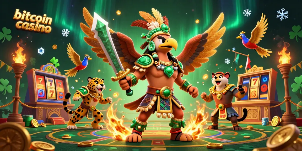 Engage in a bitcoin casino adventure with dynamic 3D characters and casino elements.