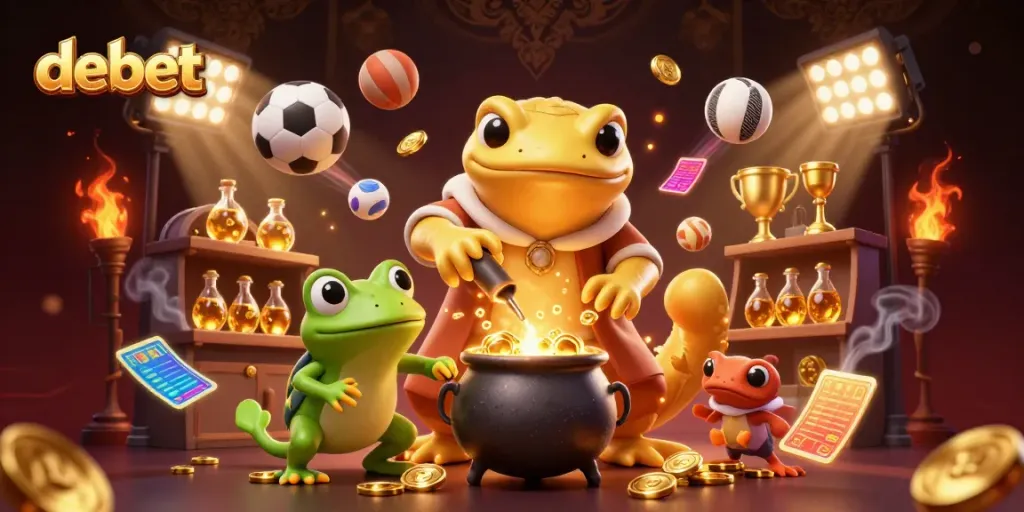 Debet online casino experience with a golden salamander alchemist and sports elements.