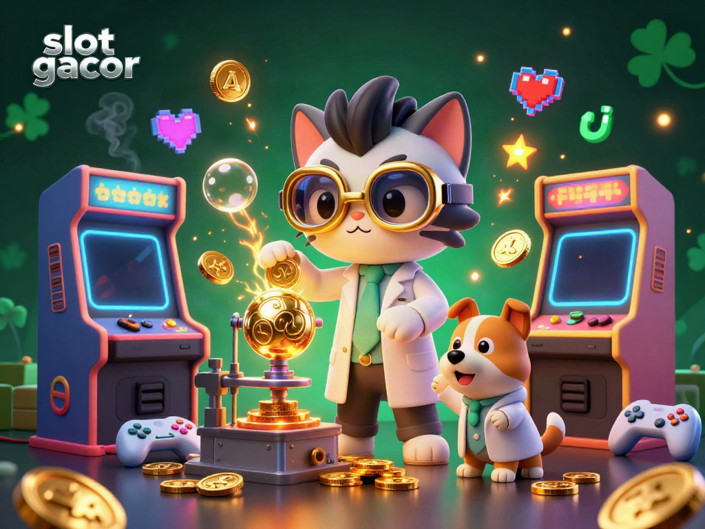 Engage with slot gacor excitement featuring a mad scientist cat and assistant in a vibrant casino setting.