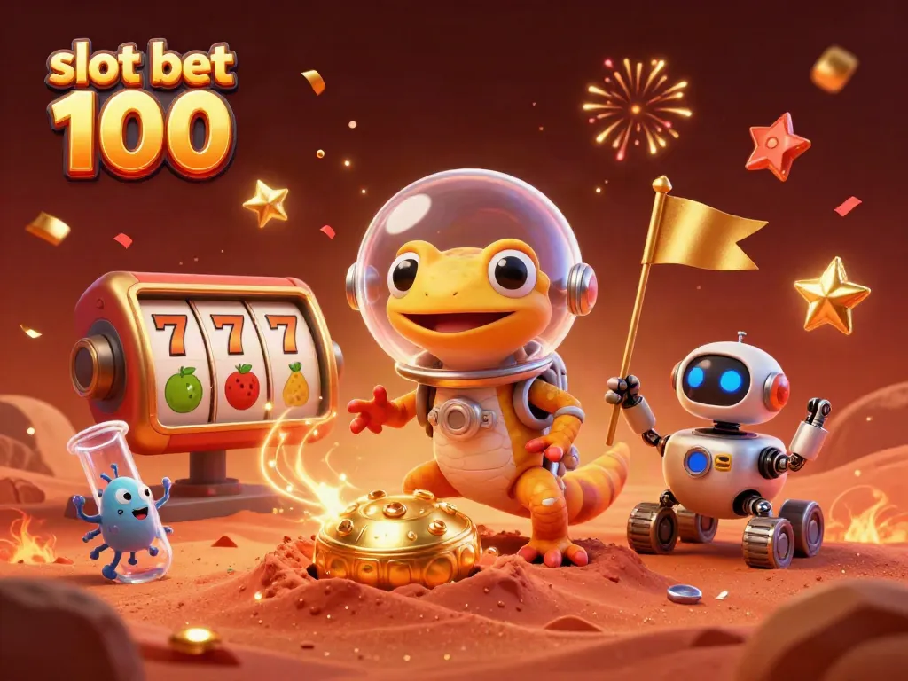 Slot bet 100 dengan gecko Mars beraksi merayakan permainan slot di kasino emas