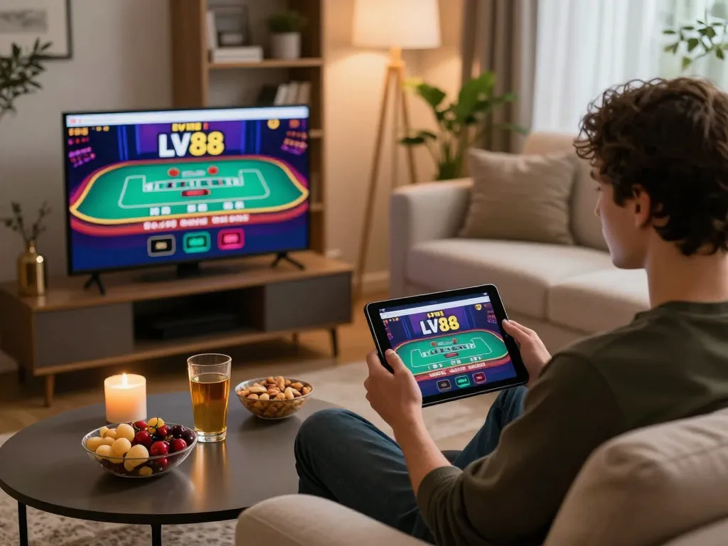 Enjoying a thrilling LV88 bet online session from home, featuring tablet screen and cozy atmosphere.