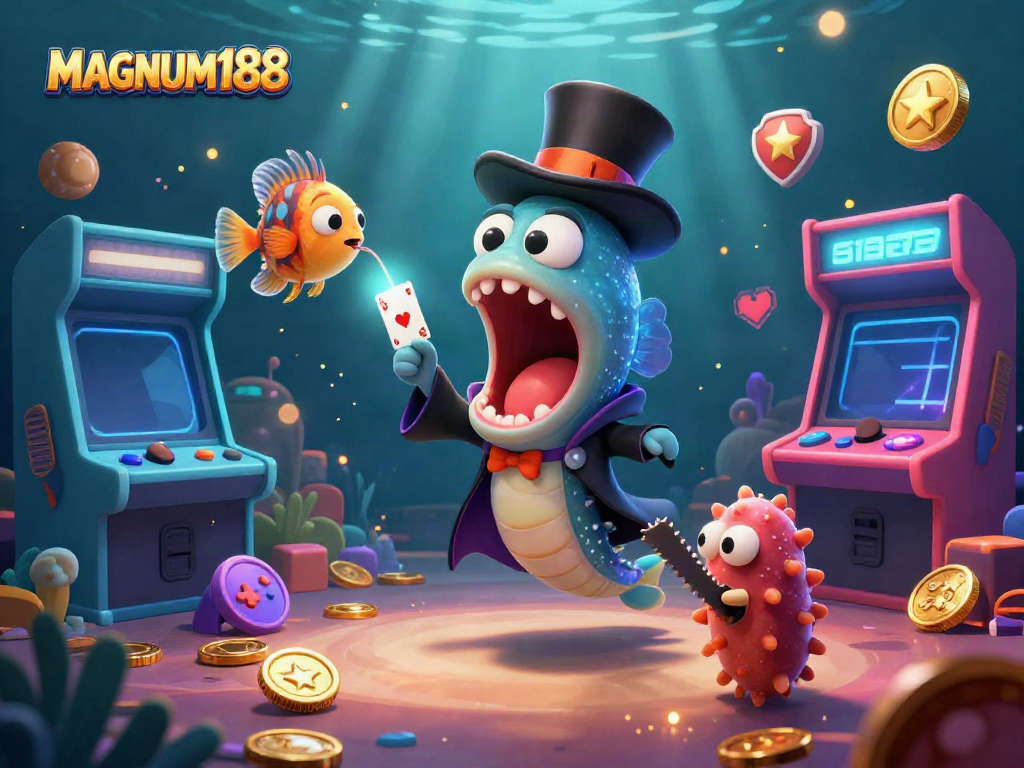 Engage with MAGNUM188's vibrant underwater gaming scene featuring a magical gulper eel and anglerfish.