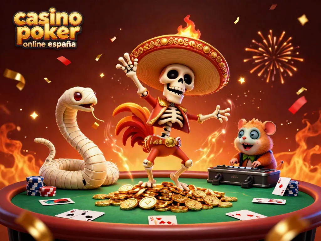 Poker emocionante en un casino online España con un esqueleto mariachi, serpiente y hámster DJ.