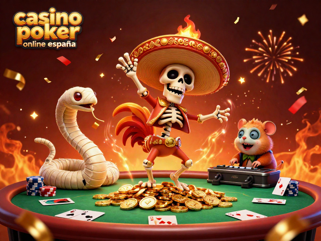 Poker emocionante en un casino online España con un esqueleto mariachi, serpiente y hámster DJ.