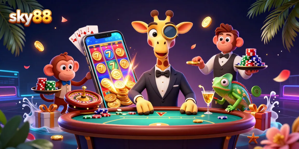 Sky88 giraffe bets big at a poker table with monkey and chameleon, showcasing vibrant casino vibes.