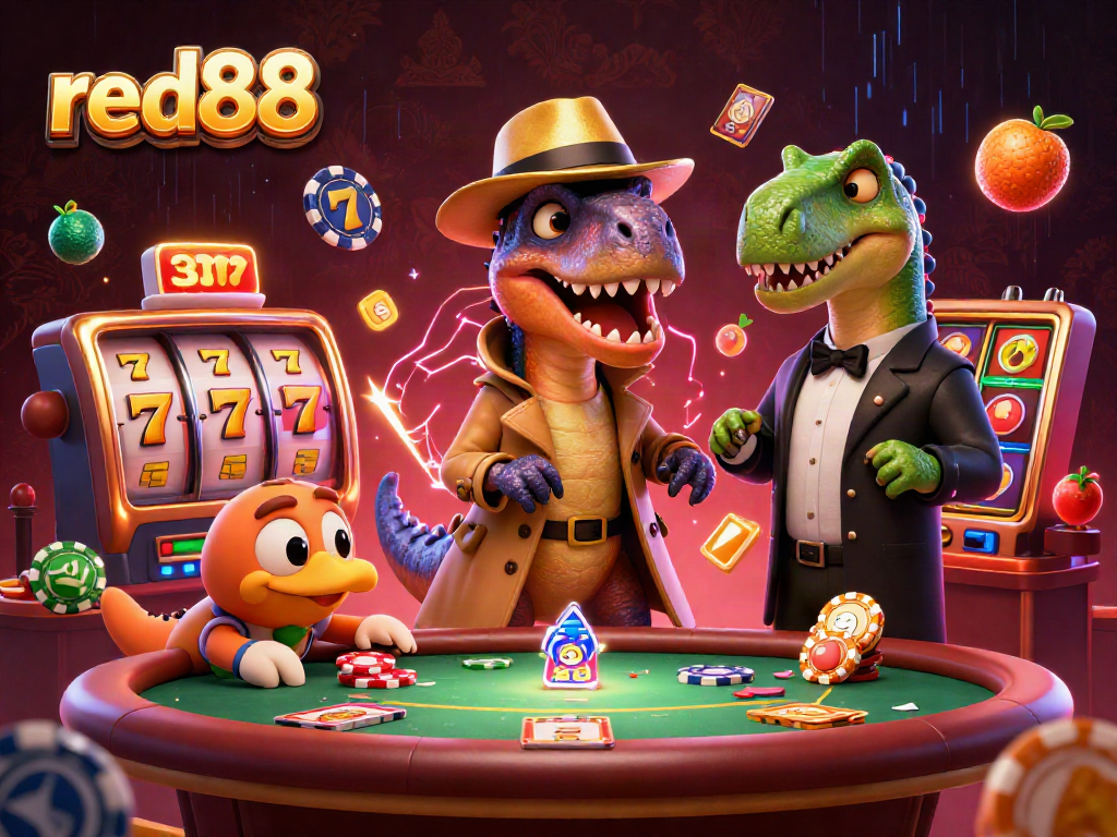 Experience dynamic gaming action with red88’s slot reels and cartoon characters in a lively casino.