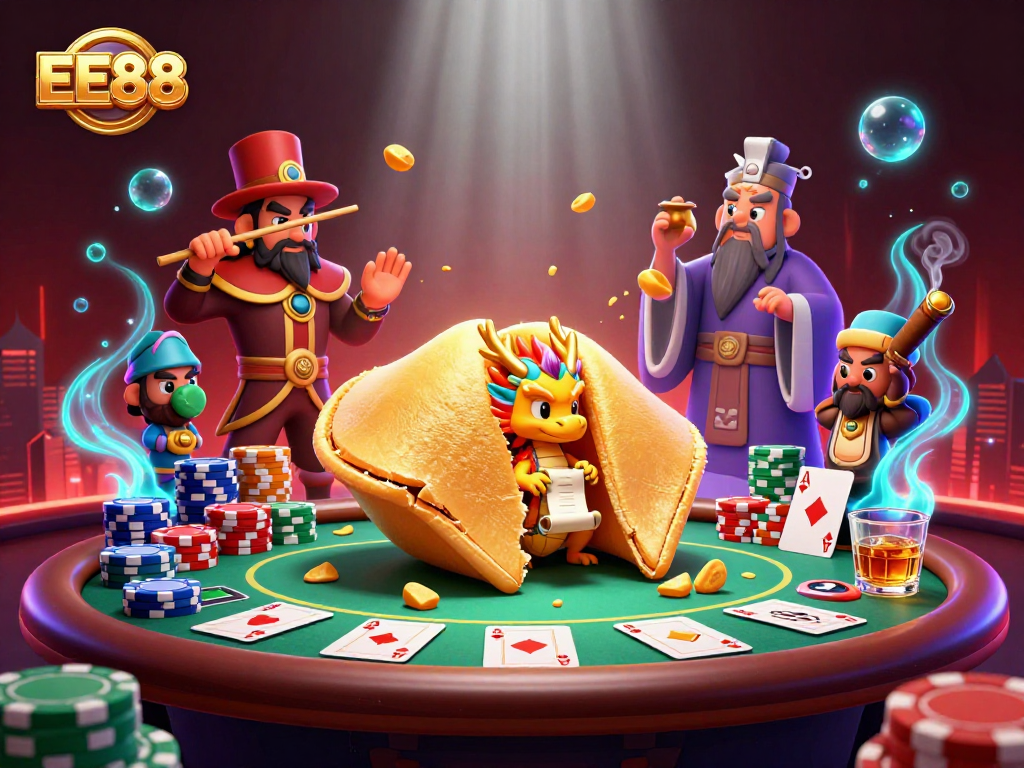 Engage with the exciting EE88 online casino scene featuring a giant golden fortune cookie and a wise dragon amidst vibrant poker elements.