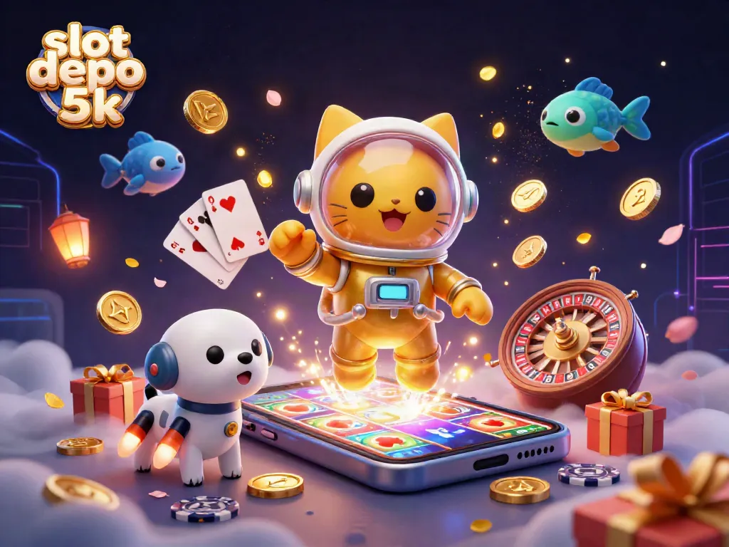 Experience the excitement of slot depo 5k with a vibrant 3D scene featuring an astronaut cat and gaming elements.