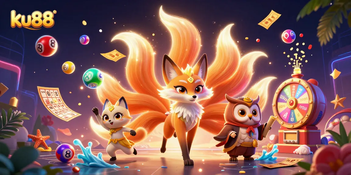 Engage with ku88's vibrant lottery and gaming scene featuring a colorful nine-tailed fox and wise owl.