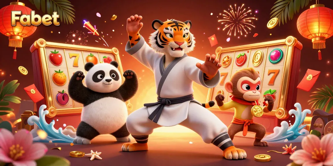 Experience fun at Fabet with 3D cartoon characters engaging in slots and festive casino elements.