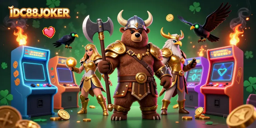 Engage with the IDC88JOKER experience through a 3D casino adventure featuring Viking and gaming elements.