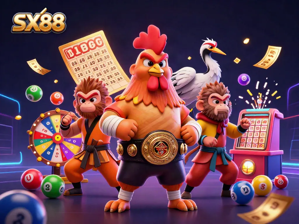 SX88 highlights an energetic scene with characters celebrating casino wins amidst vibrant games and lottery elements.