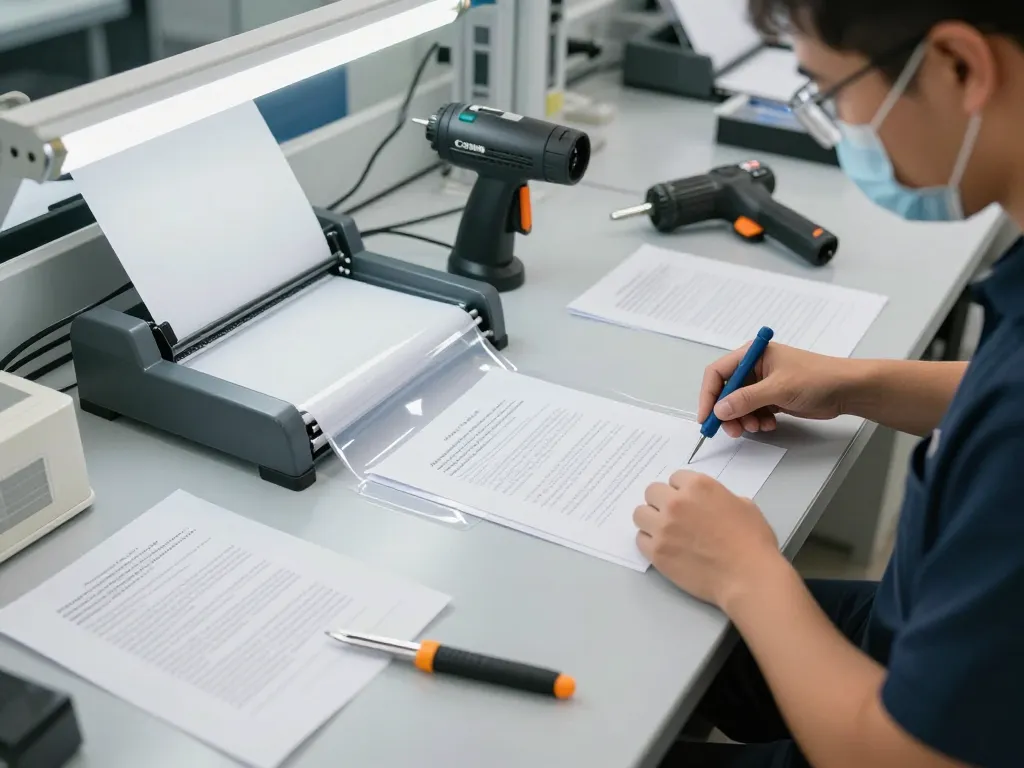 bóc giấy ép uy tín hà nội - Skilled technician safely removing plastic from important documents in a modern workshop.