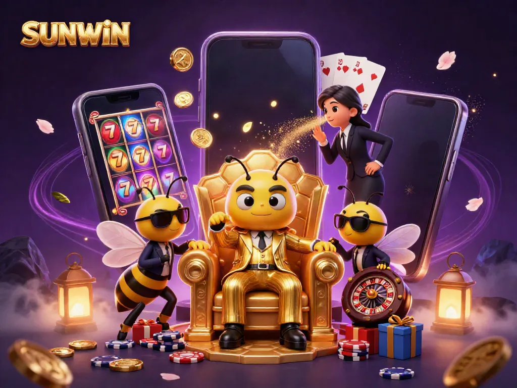 Experience the thrill of SUNWIN with a vibrant casino illustration featuring a bumblebee mob boss and thrilling games.