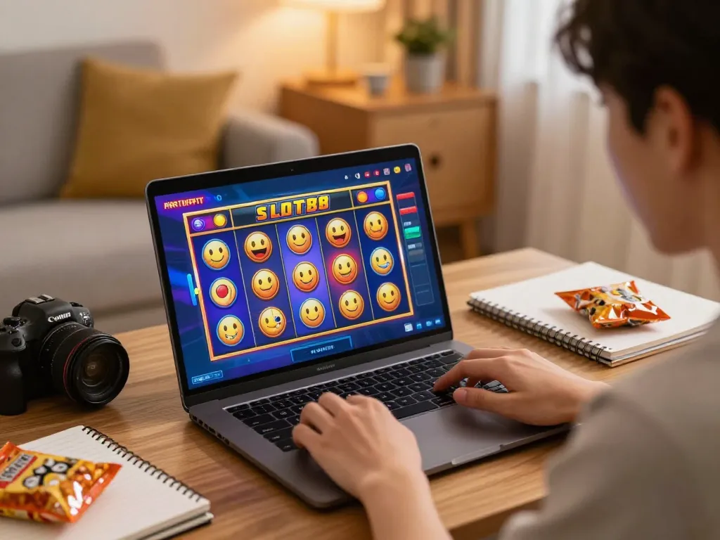 SLOT88 gaming action on a laptop in a cozy home setup, showcasing engagement and excitement from the player.