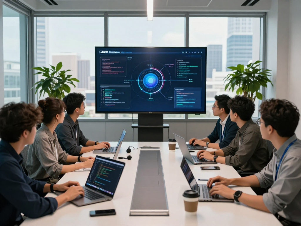 Team of developers discussing USDT0 cross-chain solutions in modern office setting