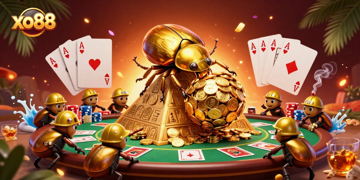 Engage with xo88's vibrant casino experience featuring dynamic golden beetles rolling coins.