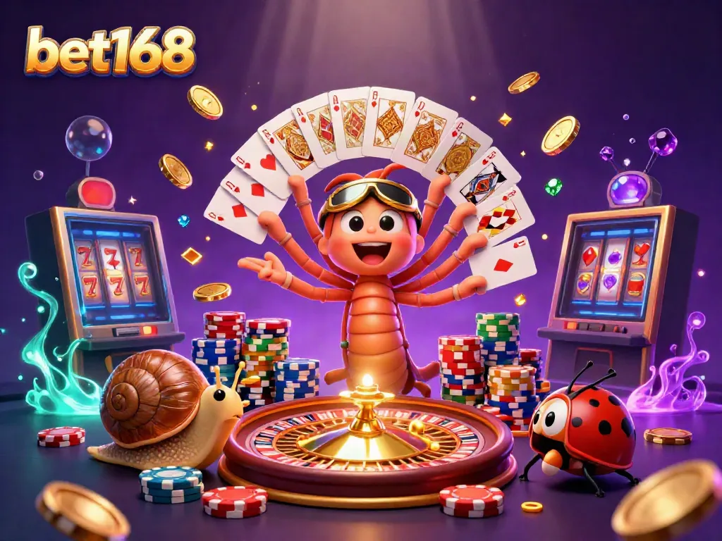 Experience excitement at bet168 with a 3D dealer showcasing cards, chips, and casino elements.
