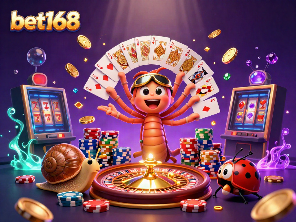 Experience excitement at bet168 with a 3D dealer showcasing cards, chips, and casino elements.