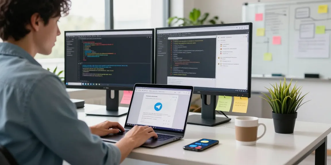 Engaging tech workspace showcasing Telegram Download on a laptop, emphasizing productivity and modern communication tools.
