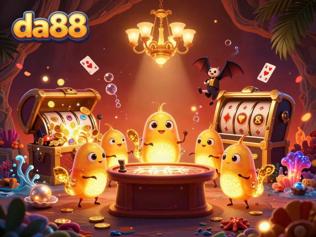 Engage with da88's vibrant gambling atmosphere, showcasing glowworms and a bat dealer in a lively casino scene.