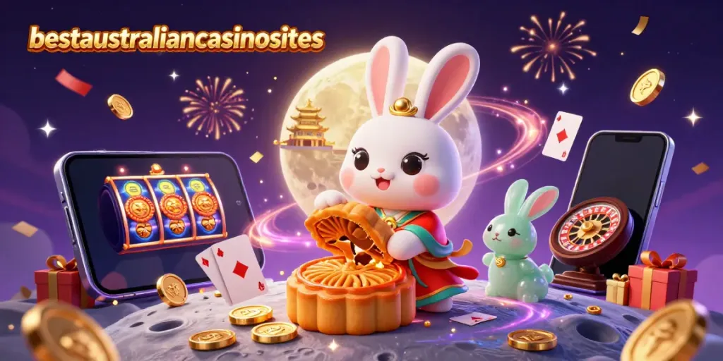 Engage with the best Bitcoin casinos in Australia, featuring the vibrant moon rabbit scene and casino elements.