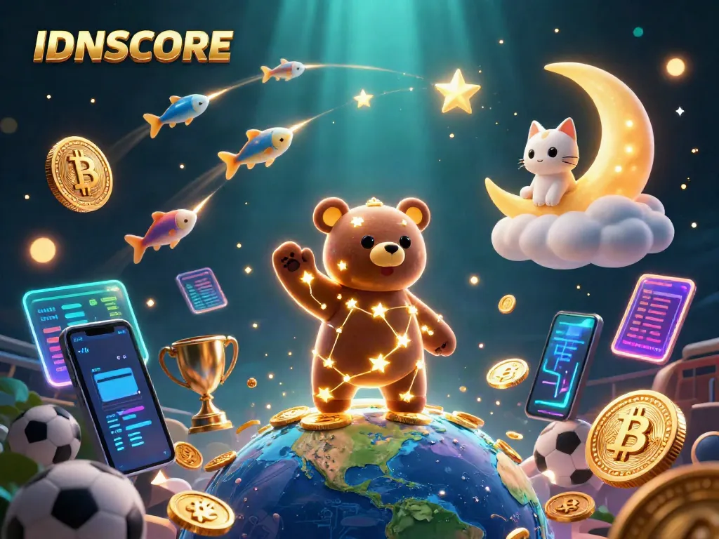Engage with IDNSCORE's exciting sports betting world, featuring golden bear, trophy, and dynamic elements.