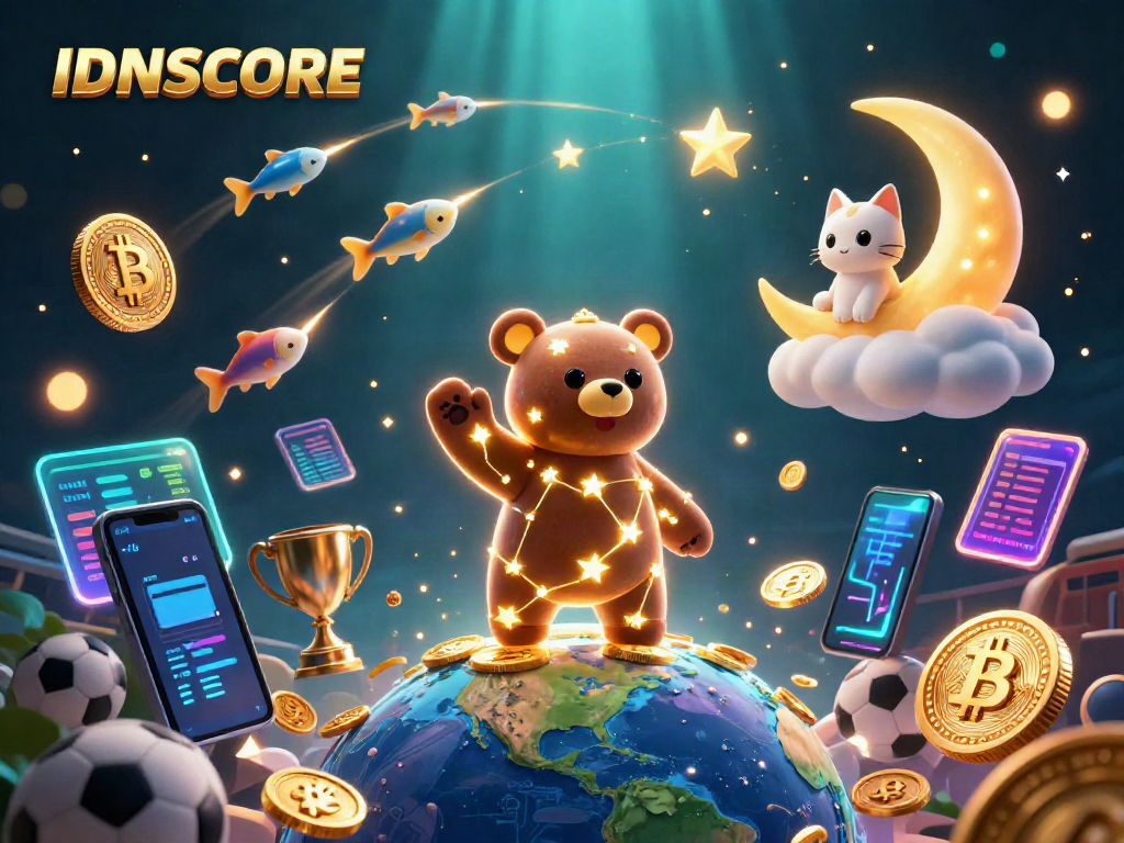Engage with IDNSCORE's exciting sports betting world, featuring golden bear, trophy, and dynamic elements.