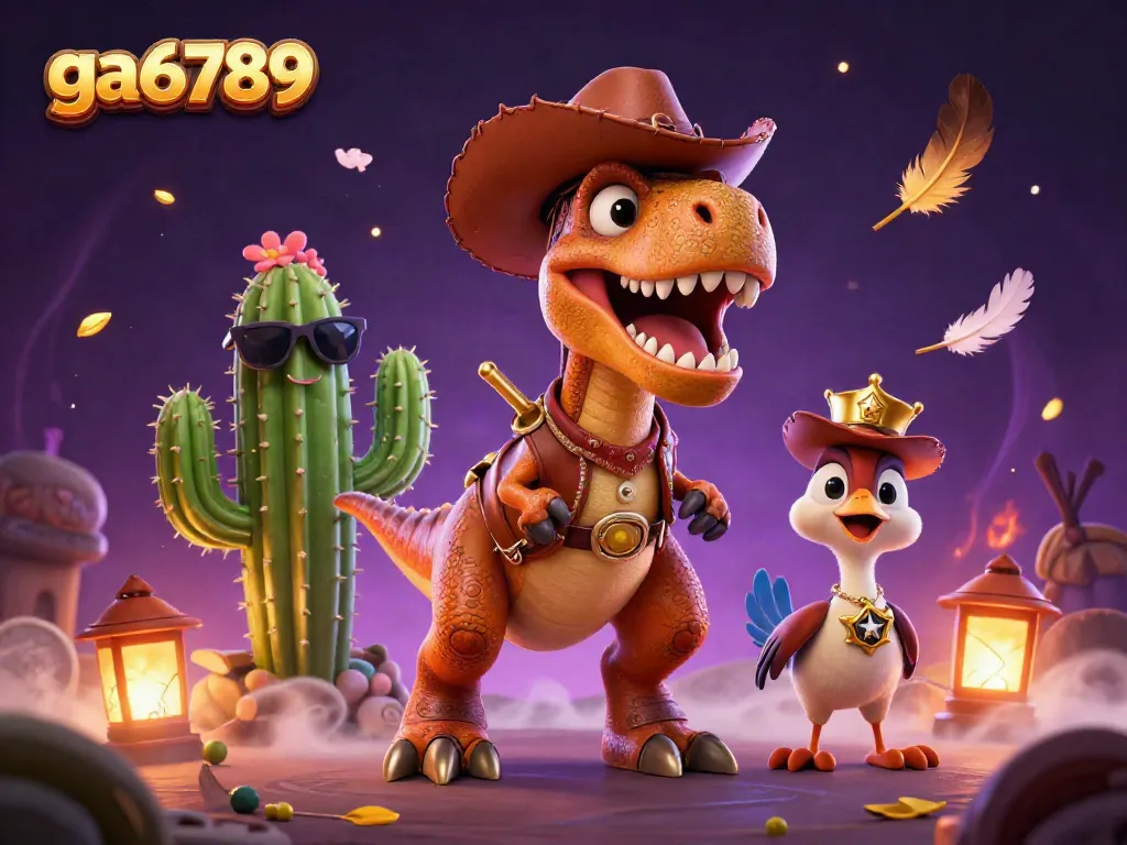 Engage in thrilling cockfighting action with the dynamic ga6789 scene featuring a T-Rex and friends.