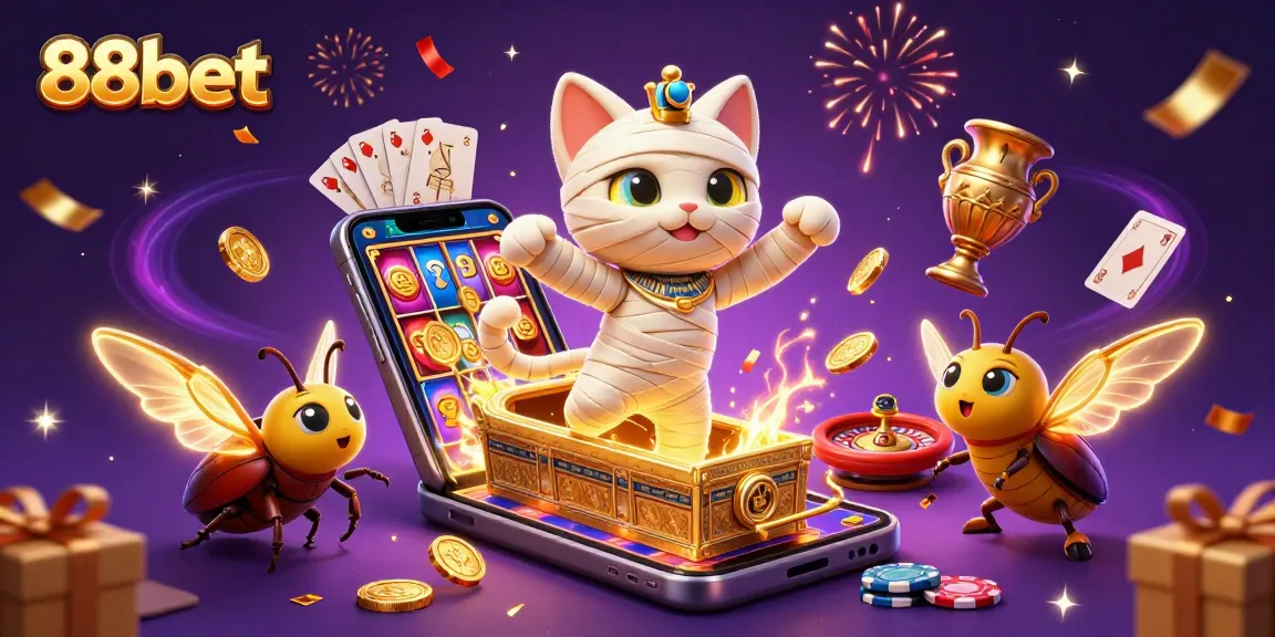 Win big with 88bet in a colorful casino scene featuring a mummy cat and scarab!