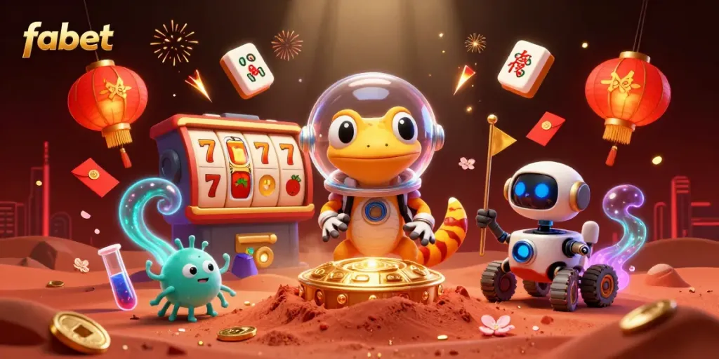 Cheerful alien revels at fabet, finding a buried golden casino filled with slot games and joyful elements.