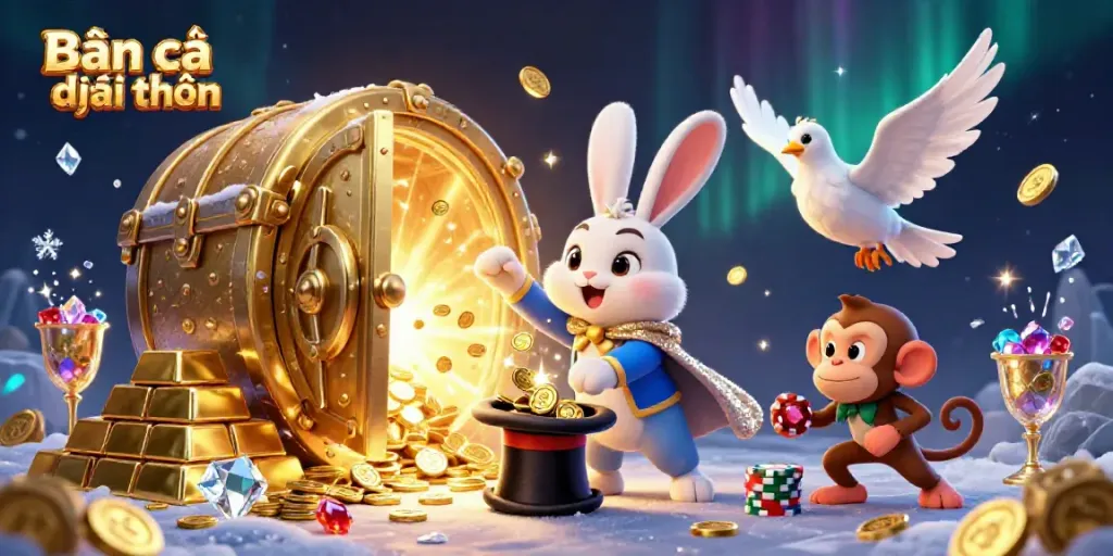 Bắn cá đổi thưởng scene with a magician rabbit, dove, and monkey amidst treasure and sparkling effects