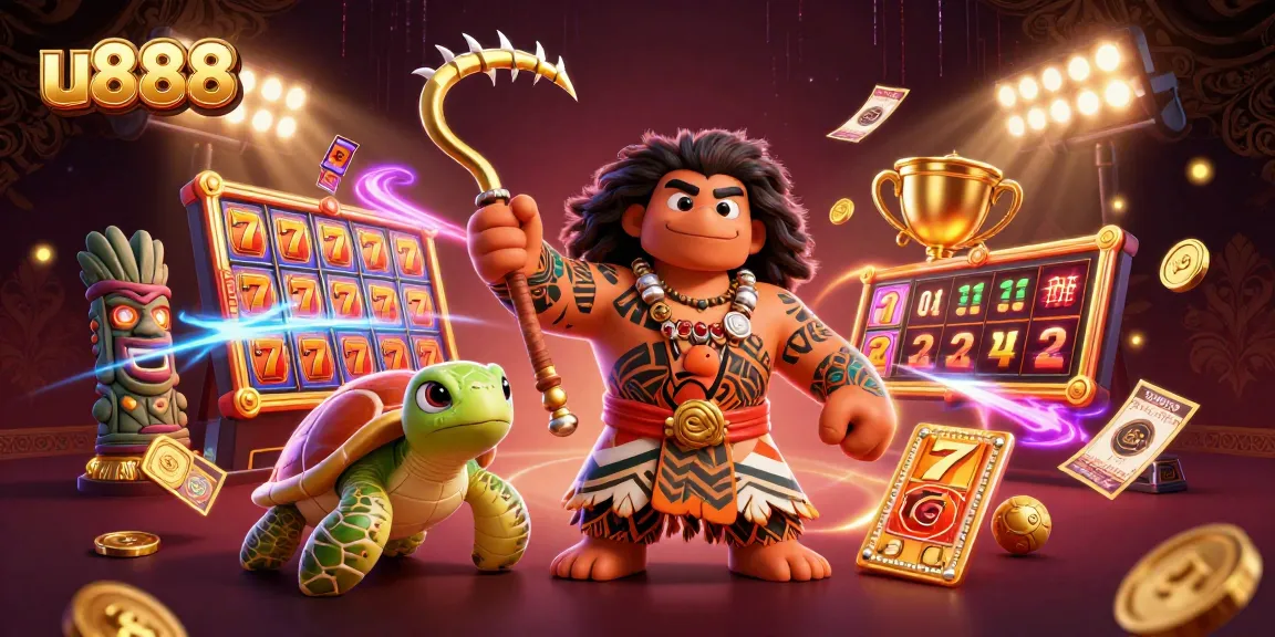 Experience the exciting u888 casino world with a vibrant illustration featuring a tribal demigod and gaming elements.